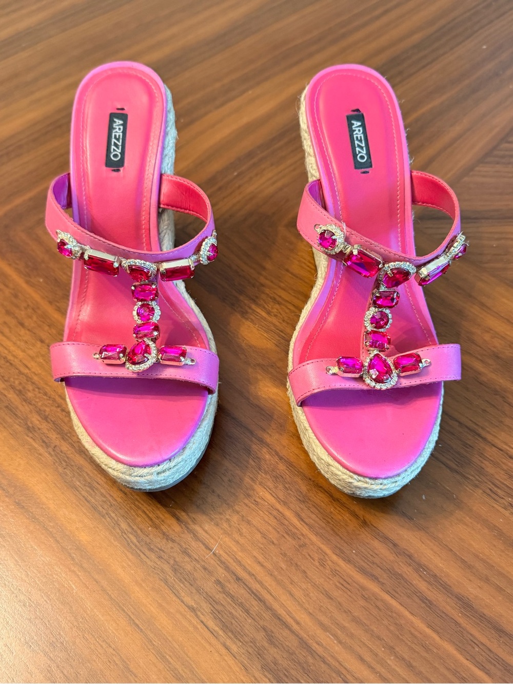 Arezzo Pink Leather Jeweled Espadrille Wedge Sandals Crystal Platform Size 9US - Picture 3 of 13